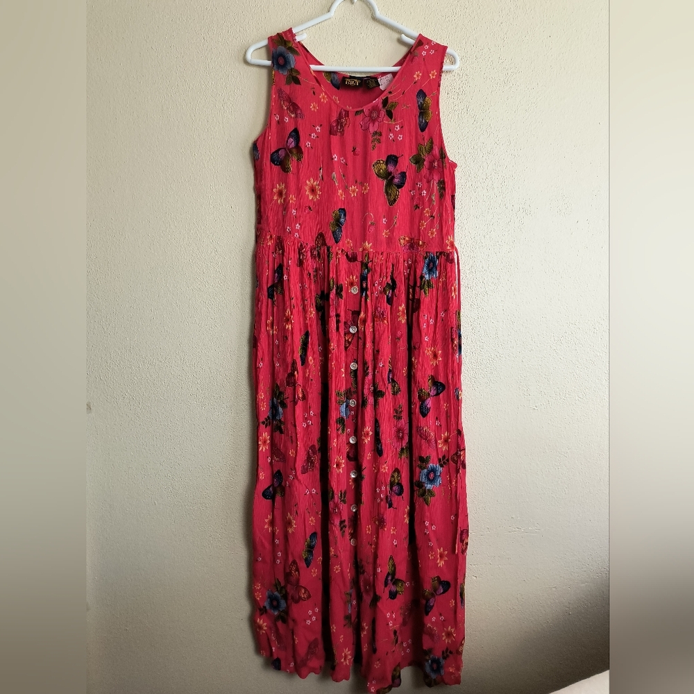 Bila M Coral Pink Butterfly Print Maxi Sundress Crinkle Gauze Tie Back Vintage